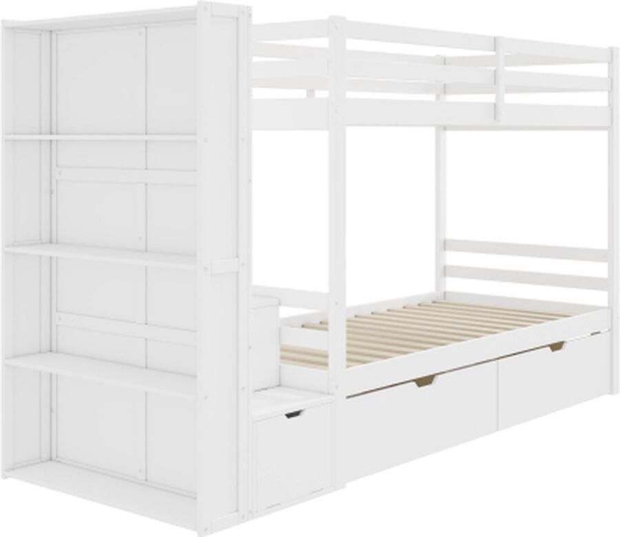 Gotagee Stapelbed 90x200cm kinderstapelbed (zonder matras) opbergbed multifunctioneel bed met opbergplank opbergtrap en twee lades wit