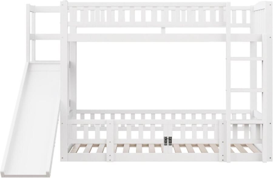 Gotagee Stapelbed 90x200cm leuning grenenhout glijbaan treden meerdere legplanken uitschuifbare kleine deur zonder matras wit