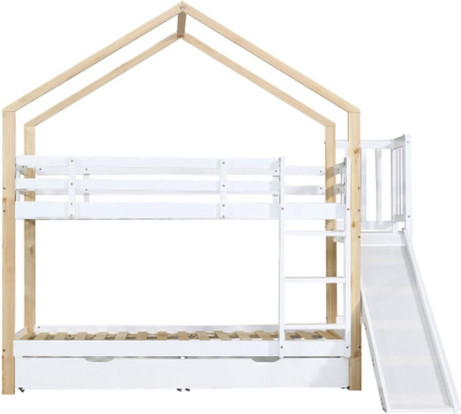 Gotagee Stapelbed 90x200cm met glijbaan en drie-traps schuine ladder huisbed met valbeveiliging en 2 lades wit+naturel