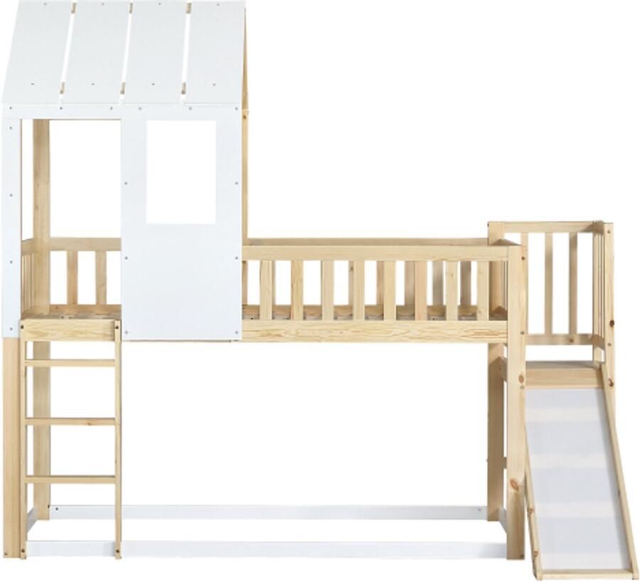 Gotagee Stapelbed 90x200cm met haakse ladder en glijbaan huisbed met dak en raam kinderbed met valbeveiliging en spijlen frame van grenen naturel+wit