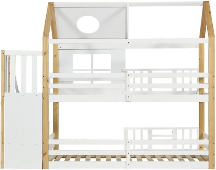Gotagee Stapelbed 90x200cm met opbergladder huisbed kinderbed met valbeveiligingsrooster met raam en dak grenen+MDF wit+naturel