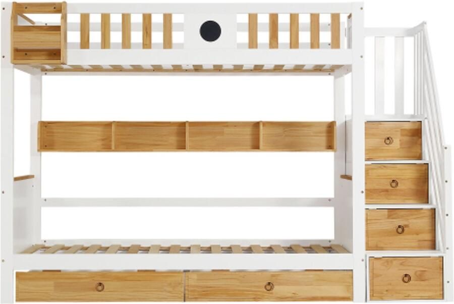 Gotagee Stapelbed 90x200cm met trap veel opbergruimte frame van grenenhout en MDF kinderbed met 4 kastjes in de trap met veiligheidshekje en 2 lades open plank wit+naturel