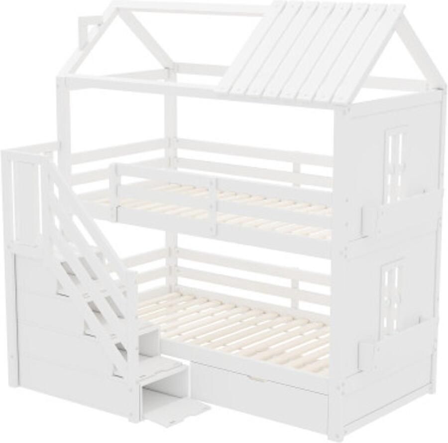 Gotagee Stapelbed 90x200cm multifunctioneel kinderbed met opbergtrap & lades & planken extra grote opbergruimte zonder matras grenen + MDF wit