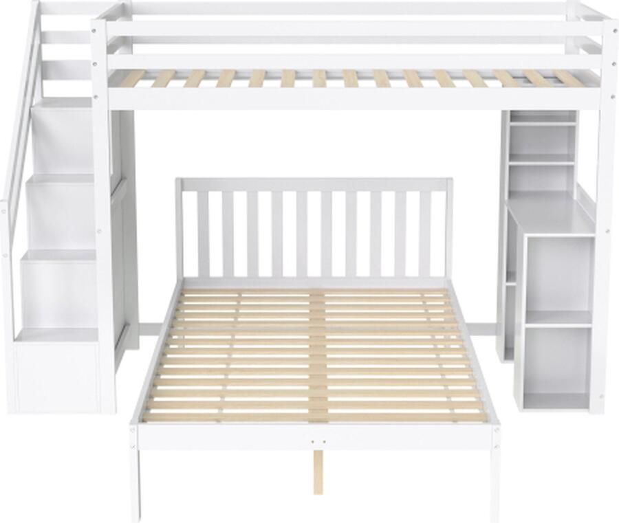 Gotagee Stapelbed 90x200cm+120x200cm kinderbed (zonder matras) Multifunctioneel opbergbed met zijplanken Met opbergtrappen Wit