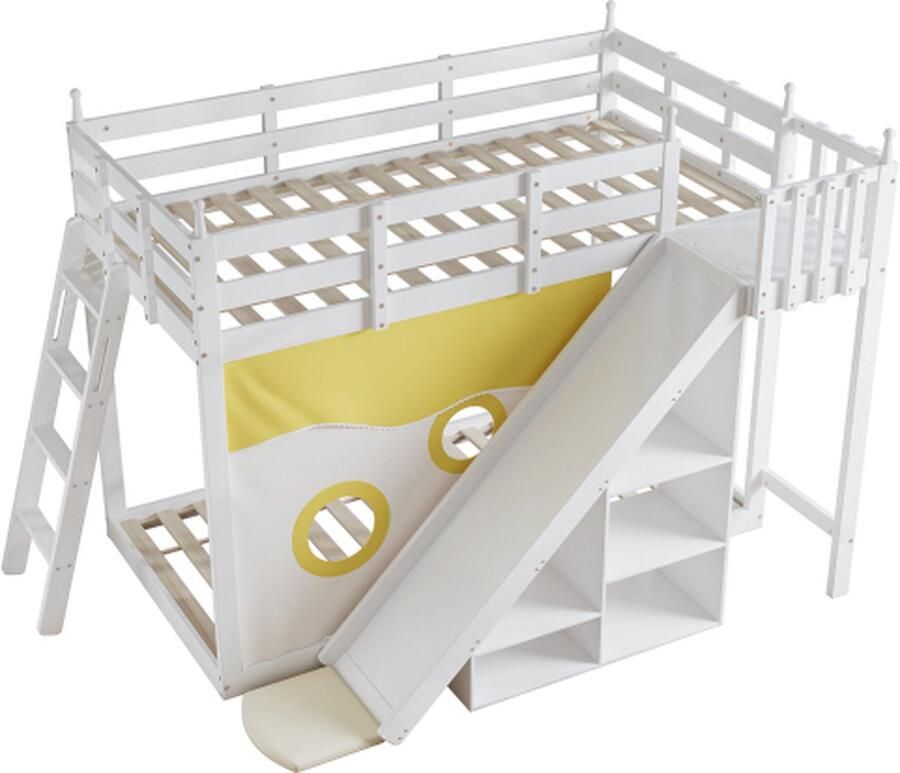 Gotagee Stapelbed houten bed 90x200cm stapelbed (zonder matras) met trap met glijbaan en plank kinderbed met valbeveiliging en spijlen grenen wit