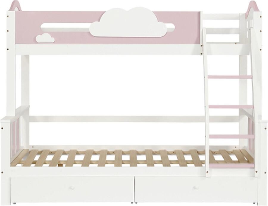 Gotagee Stapelbed houten bed 90x200cm tweepersoonsbed kinderbed wit roze met vier-traps schuine ladder en laden jeugdbed logeerbed zonder matras