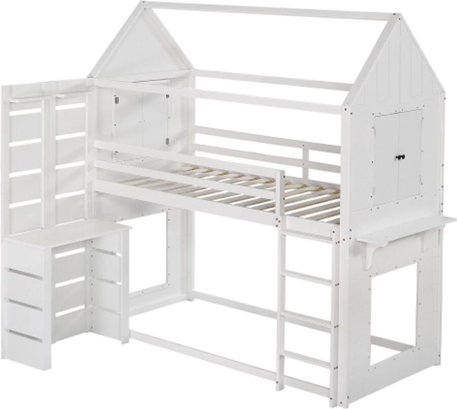 Gotagee Stapelbed huisbed kinderbed met valbeveiliging en spijlen met tafel open plank twee ramen veel opbergruimte wit 90x200cm