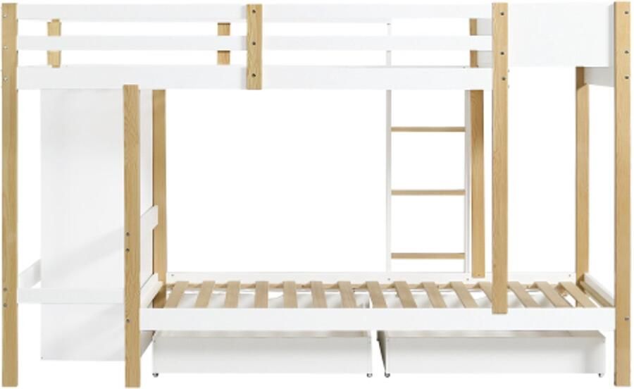 Gotagee Stapelbed kinderbed met drietrapsladder 2 opbergvakken twee lades met wielen wit+naturel 90x200cm