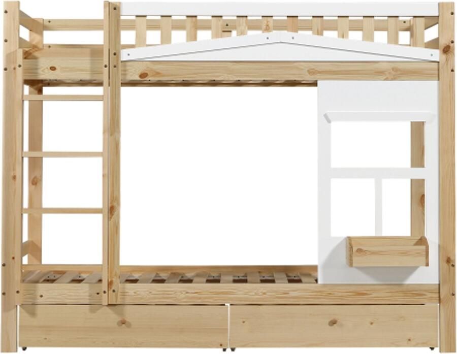 Gotagee Stapelbed kinderbed met raam met veiligheidshekje stabiele leuning twee lades met wielen veel opbergruimte wit+naturel 90x200cm