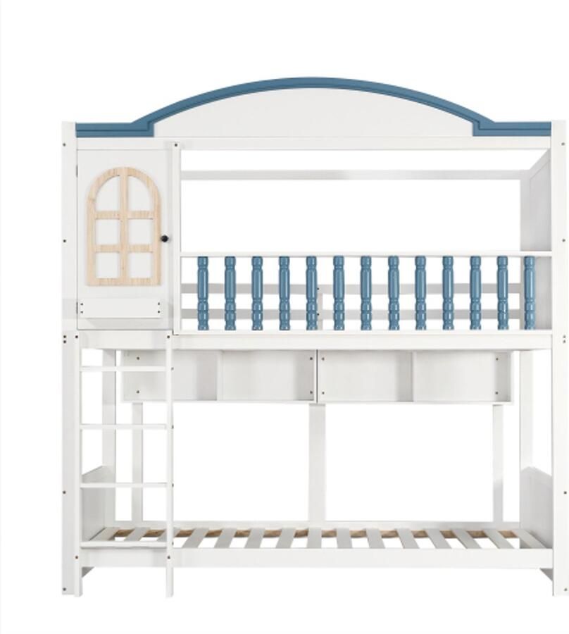 Gotagee Stapelbed kinderbed met valbeveiliging en spijlen met dak en raam open plank prachtig massief houten hek met viertrapsladder wit+blauw 90x200cm