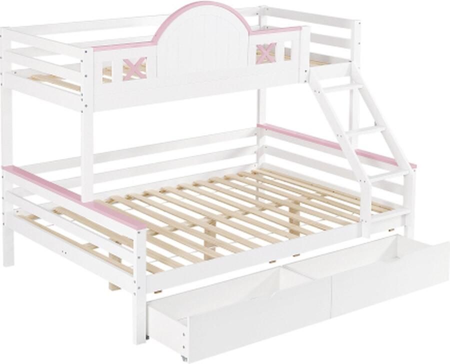 Gotagee Stapelbed kinderbed met veiligheidshekje lades met raam wit+roze 90x200cm+140x200cm