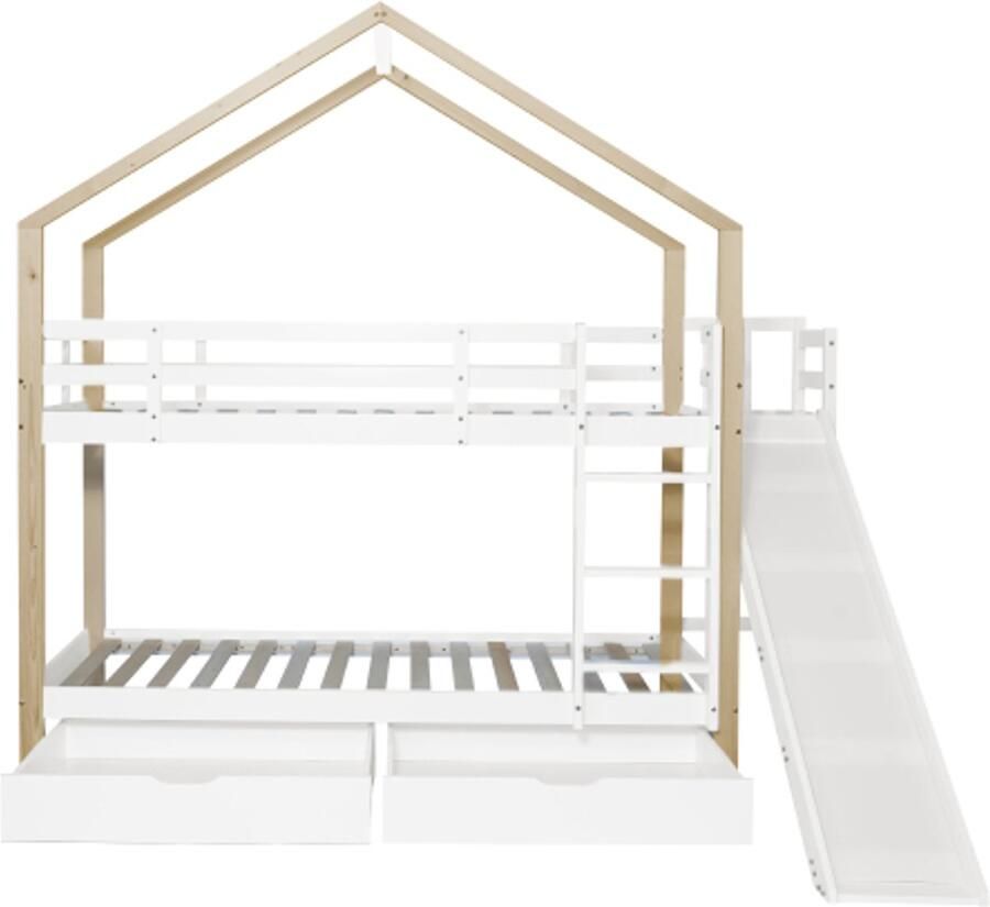 Gotagee Stapelbed met glijbaan en drie-traps schuine ladder huisbed met valbeveiliging en 2 lades wit+naturel 90x200 cm