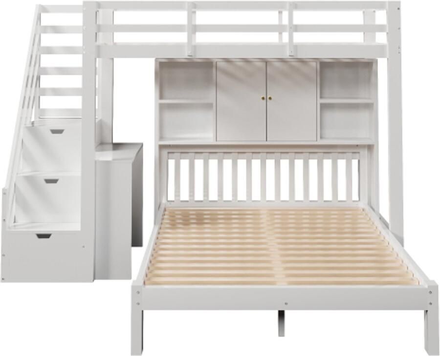 Gotagee Stapelbed met opbergplank 90x200cm+140x200cm multifunctioneel kinderbed met opbergladder en verplaatsbare nachtkastje grote opbergruimte wit
