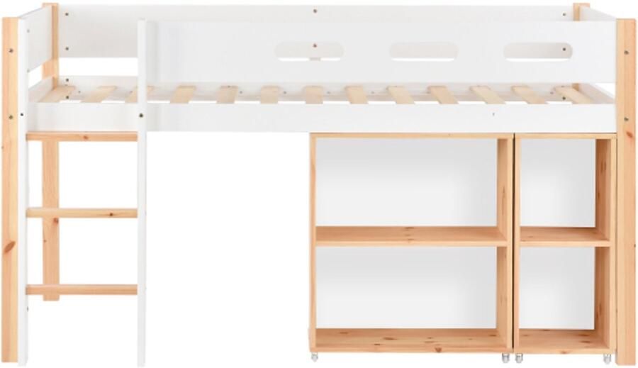 Gotagee Stapelbed met opbergruimte en verplaatsbare kledingkast hoogslaper met drie-trede haakse trap met valbeveiliging naturel+wit 90x200 cm