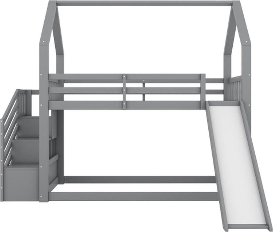 Gotagee Stapelbed met opbergtrap en glijbaan Huisbed Kinderbed 90x200cm met leuning geschikt voor kinderen Tieners Jeugdbed zonder matras Logeerbed