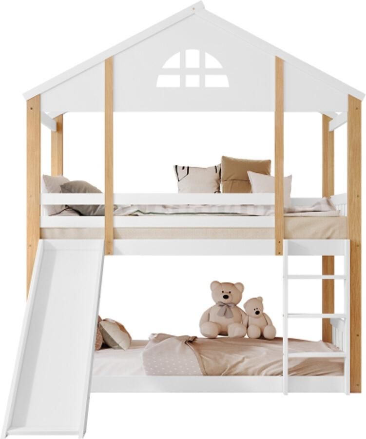 Gotagee Stapelbed met ramen en drie-traps hoekladder kinderbed met glijbaan huisbed met hekken en valbeveiliging wit+natuurlijk 90x200cm