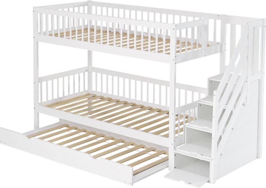 Gotagee Stapelbed met uitschuifbed kinderbed met ladderkast en leuning met veiligheidshekje aan alle kanten grenen+MDF wit 90x200 190cm