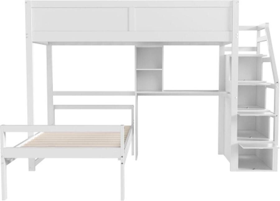 Gotagee Stapelbed met veiligheidstreppe en 2-in-1 bureau 90x200 cm met opbergruimte en lattenbodem