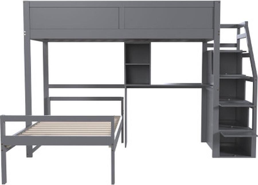 Gotagee Stapelbed met veiligheidstreppe en 2-in-1 bureau 90x200 cm met opbergruimte en lattenbodem