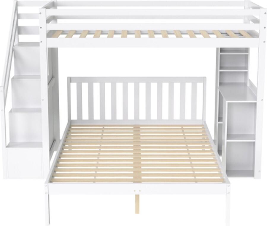 Gotagee Stapelbed met zijplanken 90x200cm+140x200cm multifunctioneel kinderbed kinderstapelbed met opbergtrap grote opbergruimte zonder matras
