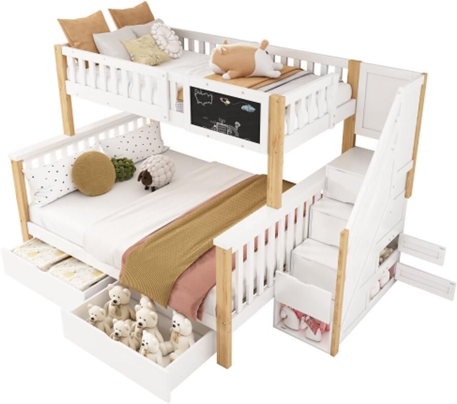 Gotagee Stapelbed tweepersoonsbed multifunctioneel kinderbed met schoolbord en lades zonder matras wit+licht eiken 90x200+140x200