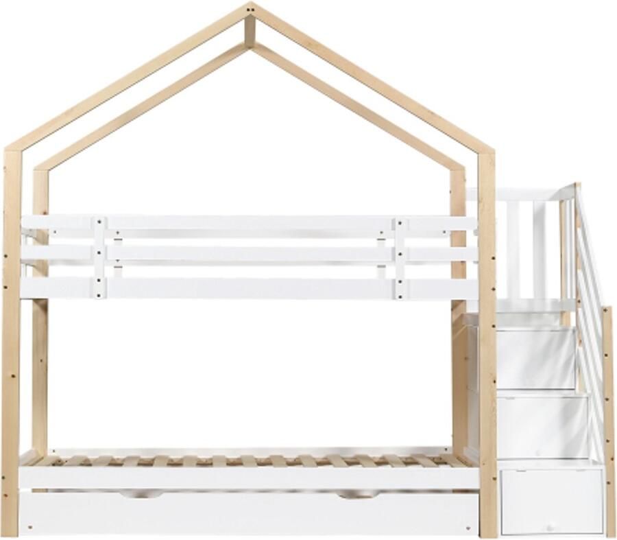 Gotagee Stapelbed uitschuifbaar boomhutbed uitschuifbed trap met lades kinderbed met veiligheidsrek en spijlen met lattenbodems naturel+wit (90x200cm&90x190cm)
