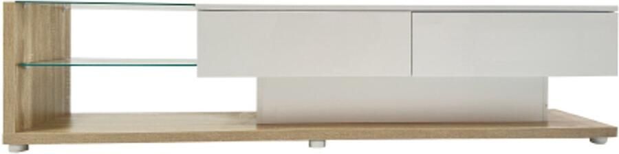 Gotagee TV-kast lowboards combinatie van hoogglans wit en houtkleuren. Glazen wanden en variabele LED-verlichting. Landhuisstijl met modern design