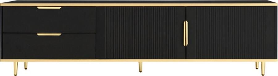 Gotagee TV Kast TV Meubel Zwart Lage Schotel Met Gegraveerd Textuur Gouden Handvatten En Voeten Woonkamermeubel Met Marmerstructuur