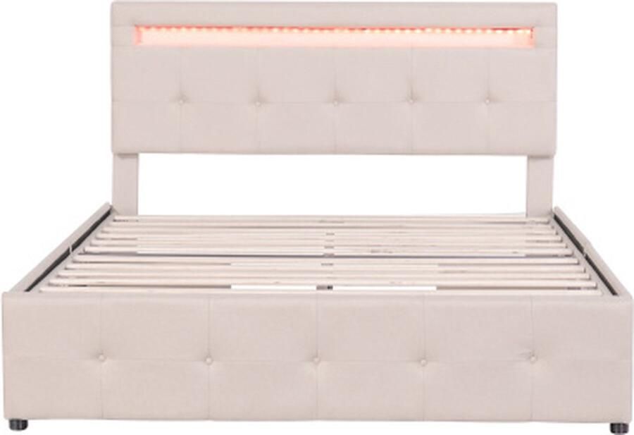 Gotagee Tweepersoonsbed 140x200cm Gestoffeerd bed (zonder matras) Jeugdbed met LED Linnen Beige