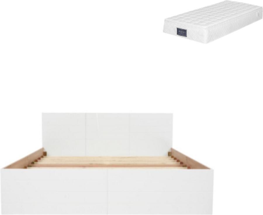 Gotagee Tweepersoonsbed 140x200cm houten bed (met matras) jeugdbed met 2 lades lattenbodem en lattenbodem gemaakt van hout eiken kleur en wit