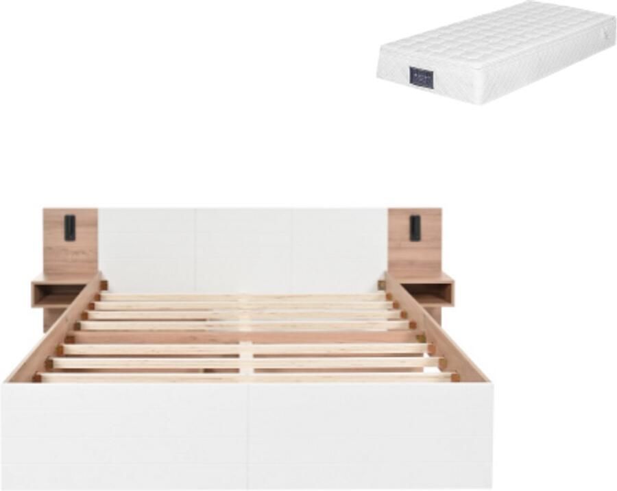 Gotagee Tweepersoonsbed 140x200cm houten bed (met matras) met 2 lades hoofdbord leeslampje met USB-oplaadfunctie met 2 nachtkastjes eikenkleur en wit