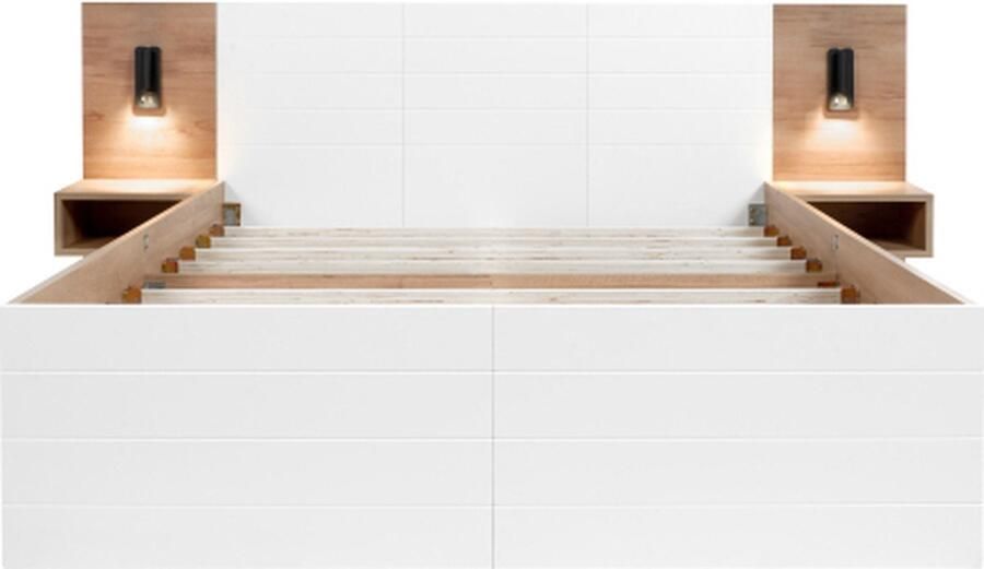 Gotagee Tweepersoonsbed 140x200cm houten bed (zonder matras) met 2 lades hoofdbord leeslampje met USB-oplaadfunctie met 2 nachtkastjes eikenkleur en wit