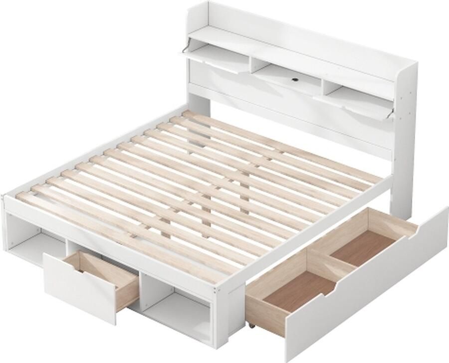 Gotagee Tweepersoonsbed 160x200cm kinderbed (zonder matras) jeugdbed met USB-laden en opbergkast houten bed multifunctioneel bed opbergbed wit