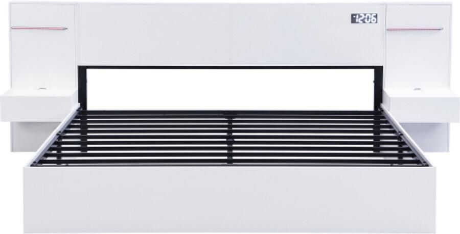 Gotagee Tweepersoonsbed 160x200cm houten bed met USB-aansluiting elektronische klok Bluetooth-luidspreker gekleurde lichtstrip 2 nachtkastjes (zonder lades) matras niet inbegrepen wit