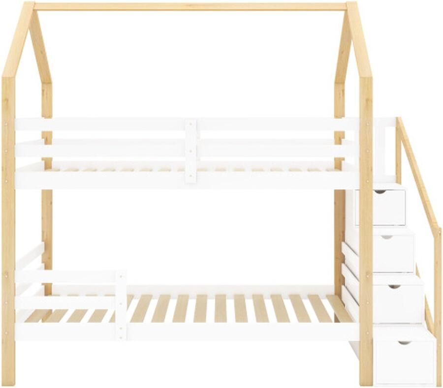 Gotagee Tweepersoonsbed 90x200cm kinderbed (zonder matras) wit en houtkleur huisbed jeugdbed massief houten bed huisvorm met ladder kast