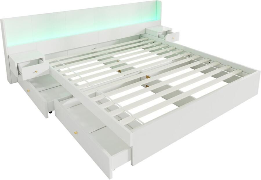 Gotagee Tweepersoonsbed opbergbed multifunctioneel bed zonder hoofdboard slaapkamerbed logeerbed met lades en LED-verlichting Het hoofdeinde heeft twee kleine kastjes Bed met opbergruimte Bed zonder matras 180x200cm
