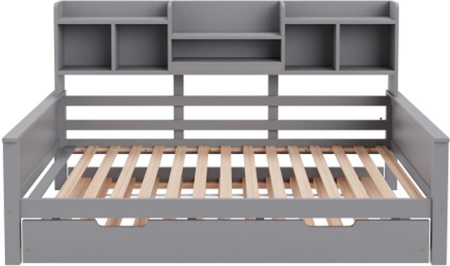 Gotagee Uitschuifbare slaapbank 90x200CM massief hout uitschuifbaar bed 90x190CM met opbergvak en lattenbodem multifunctioneel bed van dennenhout grijs