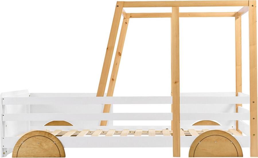 Gotagee Veilig kinderbed autobed eenpersoonsbed bedframe vlak bed inclusief uitvalhekje met MDF-wielen 90x200 cm Bed zonder matras
