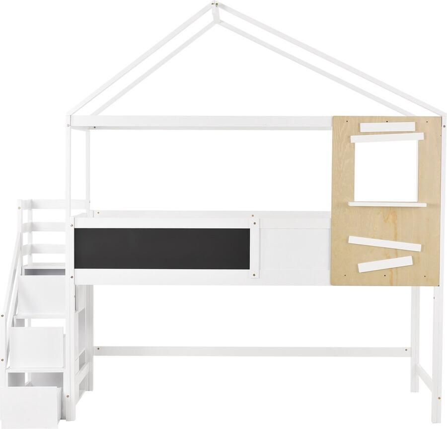 Gotagee Veilig kinderbed Huisbed Eenpersoonsbed Laagbed Hoog laag bed Huisbed bed inclusief uitvalhekje Bed zonder matras met Trap en 3 Lades 200x90cm