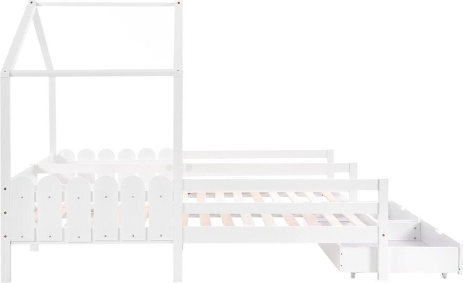 Gotagee Veilig kinderbed huisbed tweepersoonsbed Vlak bed zonder matras Bed met 2 lades bed inclusief uitvalhekje 200x90 cm