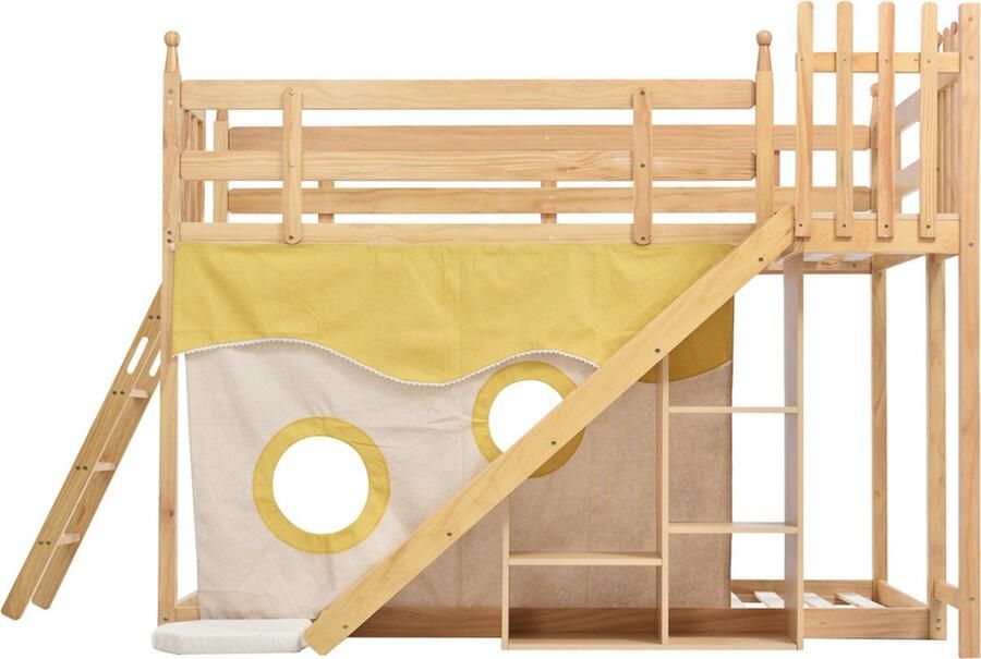 Gotagee Veilig kinderbed stapelbed jeugdbed functioneel bed met Glijbaan en Opbergplanken Bed zonder matras 90x200 cm