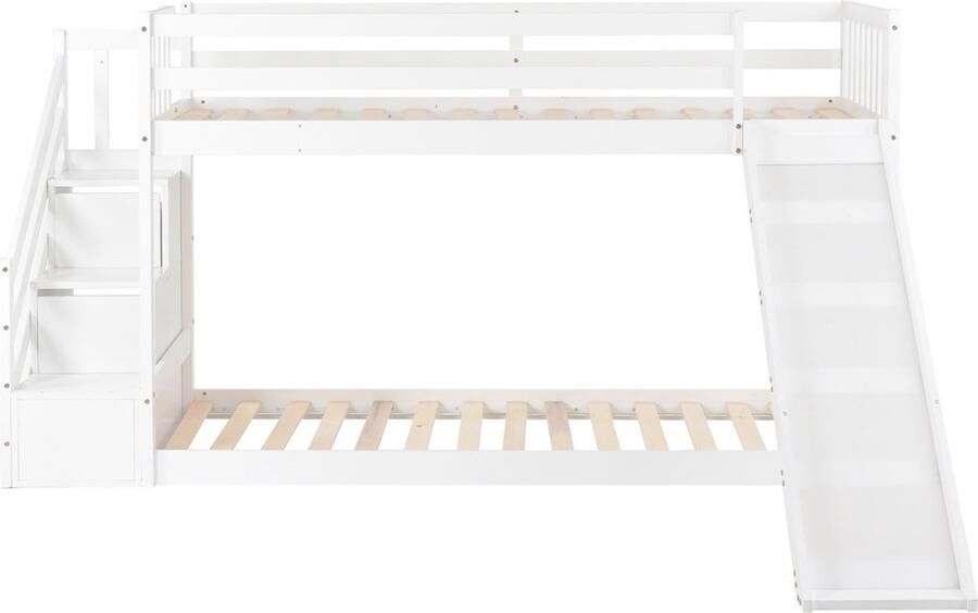 Gotagee Veilig kinderbed stapelbed tweepersoonsbed vlak bed met Glijbaan en Opbergplanken 90x200 cm wit Bed zonder matras