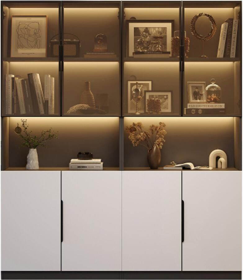 Gotagee Vitrinekast met glazen deuren met LED-verlichting boekenplank voor verzamelobjecten instelbare kleurtemperatuur en helderheid witte deuren met zwarte decoratie 30*160*200cm