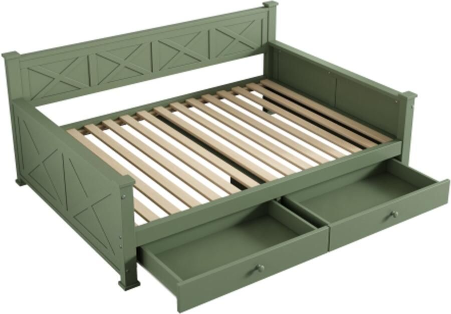 Gotagee Vlak bed 90x200cm bed met lattenbodem (zonder matras) 2 lades minimalistisch grenenhout houten bed groen