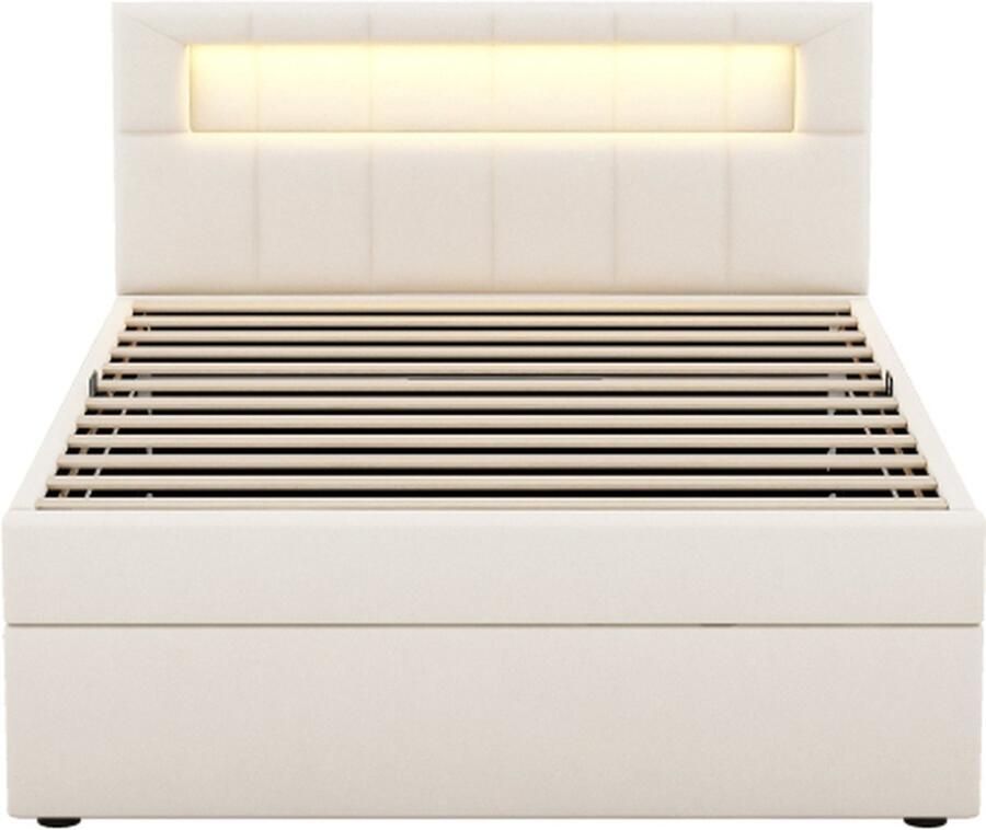 Gotagee Vlak bed 90x200cm gestoffeerd bed (zonder matras) fluweel beige eenpersoonsbed opbergbed open zijde verstelbaar hoofdeinde met sfeerverlichting