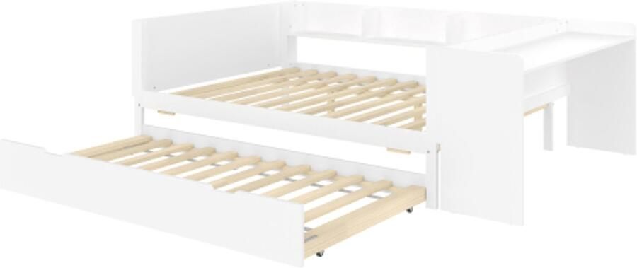 Gotagee Vlak bed houten bed 140x200cm met bureau met uitschuifbed tweepersoonsbed (zonder matras) met planken grenen + spaanplaat wit