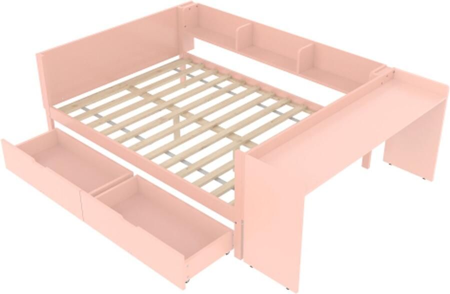 Gotagee Vlak bed houten bed 140x200cm met bureau uitgerust met 2 lades tweepersoonsbed (zonder matras) met planken grenen + spaanplaat roze
