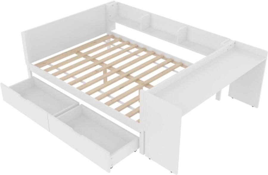 Gotagee Vlak bed houten bed 140x200cm met bureau uitgerust met 2 lades tweepersoonsbed (zonder matras) met planken grenen + spaanplaat wit