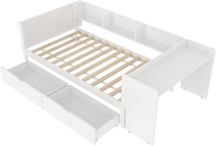 Gotagee Vlak bed houten bed 90x200cm met bureau uitgerust met 2 lades Eenpersoonsbed (zonder matras) met planken grenen + spaanplaat wit