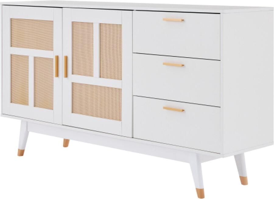 Gotagee witte rotan kast multifunctionele opbergkast 2 rotan deuren 3 laden buffet gouden decoratie 160*40*87cm